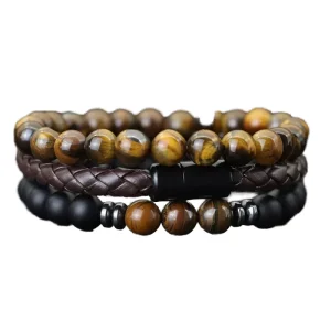 Black Alloy Magnetic Clasp Braided Engraveable Natural Stone Leather Wrap Ball-Shaped Beaded Bracelet
