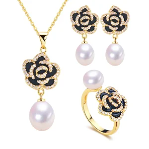 Black Camellia Natural Freshwater Pearl Earrings Necklace and Rings Jewelry Set