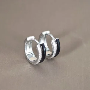 Black Oil-Drop Micro-Inlaid Rhinestone Hoop Earrings with Double-Row Design