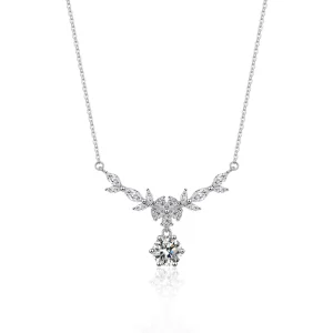 Bling Charm Necklace 925 Sterling Silver Rhodium Plated Flower Moissanite Pendant Women’s Party Occasion