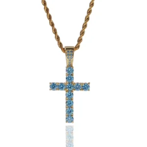 Blue Diamond Glass Cross Pendant Necklace Stainless Steel for Women