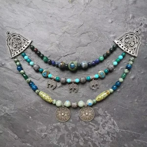 Blue Green Viking Moon Brooch Tribal Ethnic Bohemian