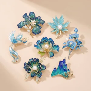 Blue Rhinestone Enamel Phoenix Peony Brooch Chinese Style Pin For Silk Scarf Dress Women Jewelry