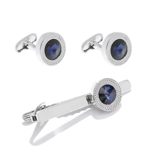 Blue Zircon Cufflinks and Tie Clip Set for Men, Wedding Gift, Sleeve Buttons