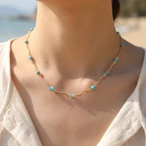 Bohemian Blue Turquoise Beaded Stainless Steel Handmade Wavy Link Chain Pendant Necklace