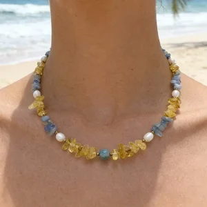 Bohemian Natural Pearl and Pebble Beaded Necklace, Waterproof Stainless Steel
