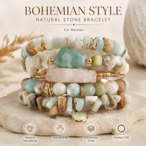 Bohemian Stackable Bracelet Set with Natural Gemstone Glass Beads and Crystal Bangles
