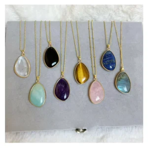 Bohemian Style Natural Stone Oval Pendant Necklace for Women