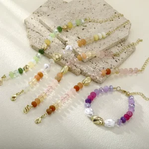 Boho Baroque Pearl Mixed Color Crystal Bead Bracelet Gold Textured Metal Charm Summer Stackable For Women