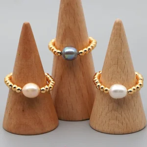 Boho Handmade 18K Gold-Plated Stainless Steel Freshwater Pearl Stretch Ring for Girls