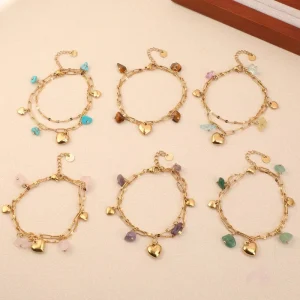 Boho Layered Paperclip Chain Bracelet with Natural Crystal Heart Charm, 316L Stainless Steel, 18K Gold-Plated