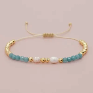 Boho Pearl Bead Bracelet for Women Handmade Freshwater Pearl Semi precious Stone Stack Adjustable Jewelry
