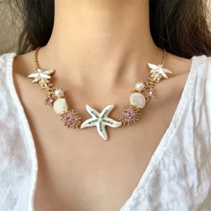 Boho Starfish Shell Pearl Necklace with Exaggerated Colors Alloy Link Chain Pendant Accessories for Holiday Trend