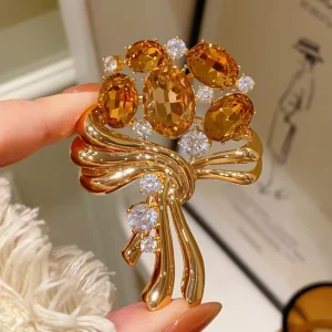 Bow Brooch, Oval Champagne Zircon Flower Cluster Lapel Pin with Inlaid Rhinestones, Vintage