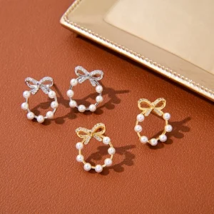 Bow-Knot Cubic Zirconia Pearl Stud Earrings, Gold-Plated Copper