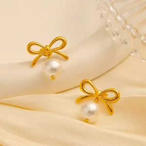 Bowknot Pearl Stainless Steel Stud Earrings for Women