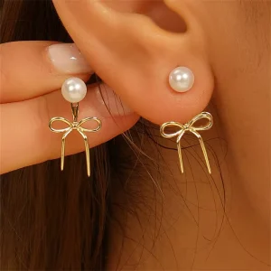 Bowknot Pearl Wedding Stud Earrings, Hypoallergenic Gold