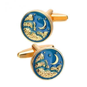 Brass Blue Dripping Moon Men’s Suit Shirt Cufflinks