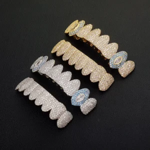 Brass Blue Zircon Teeth Grillz Set with 8 Teeth Inlaid Cross Tooth Design