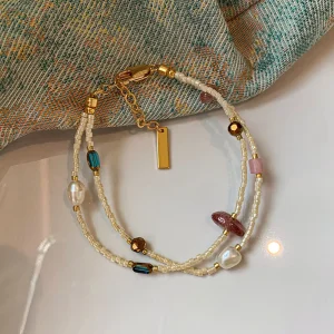 Brass Bracelet with 18K Gold Plating, Natural Baroque Pearls and Gemstones