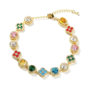 Brass Chain & Link Bracelet with Colored Natural Zircon Charms