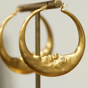 Brass Diamond 18K Gold-Plated Moon Matte Hoop Earrings