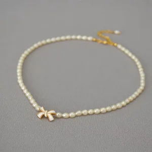 Brass Gold Plated Mother Wish Gift Set Rice Pearl Necklace with Bow Charm