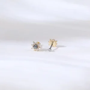 Brass Gold-Plated Purple Moissanite Flower Stud Earrings, Unisex Cartilage Flat-Back Design