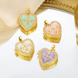 Brass Micro Pave Cubic Zirconia Locket Fine Pendants with Enamel Heart Fashion Jewelry Pendants Charms