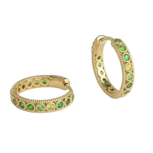 Brass Milgrain Border Gradient Green CZ Stone Round Hoop Earrings Stackable