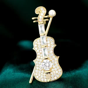 Brass Rhinestone Pearl Violin Brooch Pin