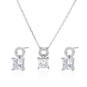 Bridal Wedding Jewelry Princess Cut Moissanite Pave Circle Bail Necklace and Earrings Set for Women
