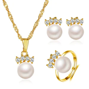 Bridal Wedding Pearl Jewelry Set with 18K Gold-Plated Zircon Alloy Necklace, Earrings and Ring