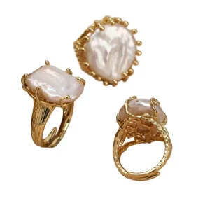 Bulk Natural White Baroque Pearl Ring, 18K Gold CZ Claw Setting, Real Pearl