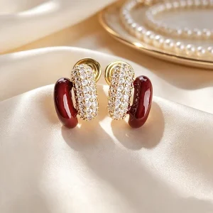 Burgundy CZ Copper Clip-on Earrings Non-Piercing Hypoallergenic