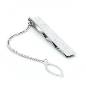 Business Formal Silver Tie Clip and Stainless Steel Cuff Links with Engraved Texture and Chain Tie Bar