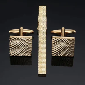 Business Tie Clips and Gold Cufflinks Gift Set for Men