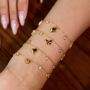 Butterfly Heart Charm Bracelet Crystal Stainless Steel