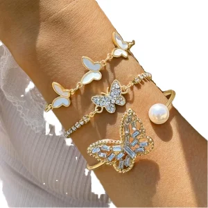 Butterfly Imitation Diamond 18K Gold-Plated Alloy Pearl Women’s Bangle Set