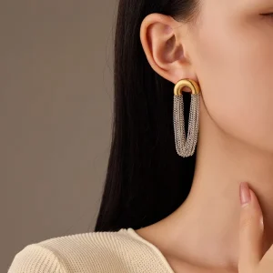 C-Shaped Stainless Steel Dangle Earrings with Long Tassel