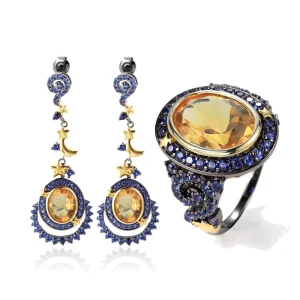 C9381 Custom Moon Star Bezel Setting Natural Citrine 925 Silver Jewelry Set