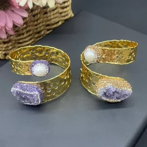 CH-HDT1516 Gold Plated Crystal Stone Pearl Cuff Bangle Bracelet