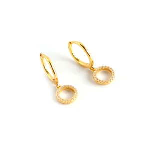 CZ 925 Silver Round Drop 18K Gold Plated Hoop Earrings