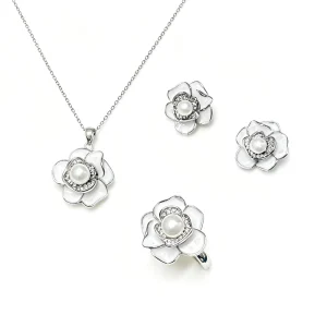 Camellia Flower Jewelry Set Natural Freshwater Pearls 14K Gold Filled Enamel 3D Floral Design
