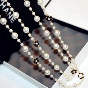 Camellia Pearl Long Necklace, Fall Winter Sweater Chain