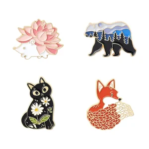 Cartoon Animal Enamel Pin Set Red Fox Black Cat & Hedgehog Metal Brooch Collection Apparel & Bag Accessories