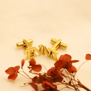 Carved NT Letter Stainless Steel 18K Gold-Plated Tie Clips and Cufflinks for Men