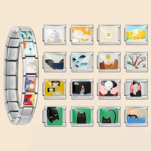 Cat Italian Charm Bracelet Links, 9mm Enamel Stainless Steel, DIY Jewelry