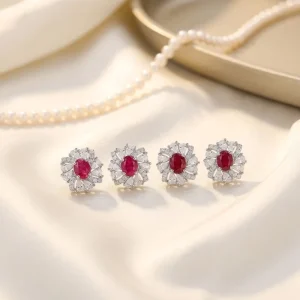 Certified S925 Silver Natural Ruby Stud Earrings, Oval Faceted Cut