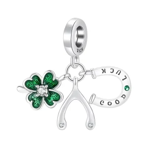 Charm Plata 925 Silver Enamel Good Luck Four-leaf Clover Horseshoe U-shaped Pendant for Bracelet DIY Women’s Gift